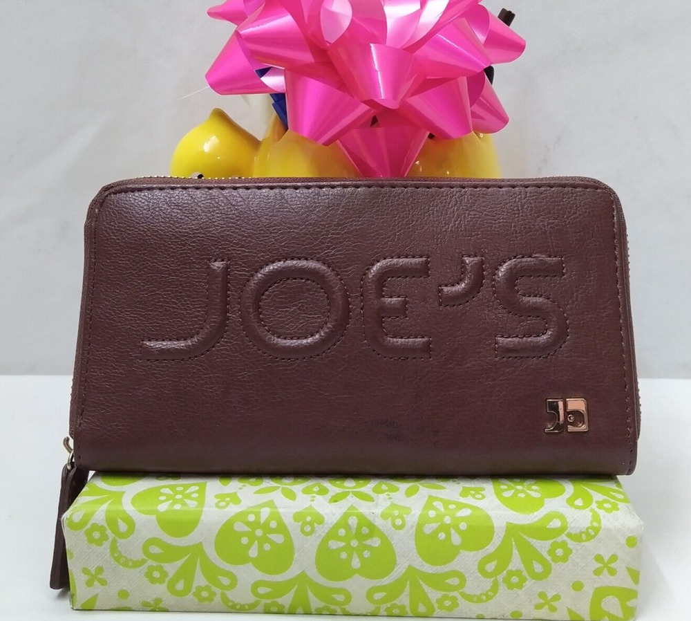 JOE'S Dark Brown Leather Embossed Logo Zip Around Credit Cards Long Wallet